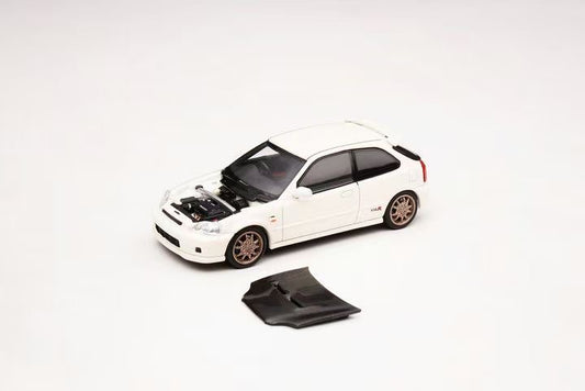 Motorhelix Intern Series 1:64 Honda Civic Type R EK9 Carbon Hood Mugen Edition Champion White - Honda and Mugen Official Licensed