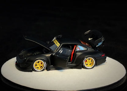 PGM 1:64 Porsche RWB 993 Wide Body Custom GT Wing Spoiler Matt Black Golden Wheels with All Openable Doors and Hoods Limited 999 Pieces Premium Round Box Packaging