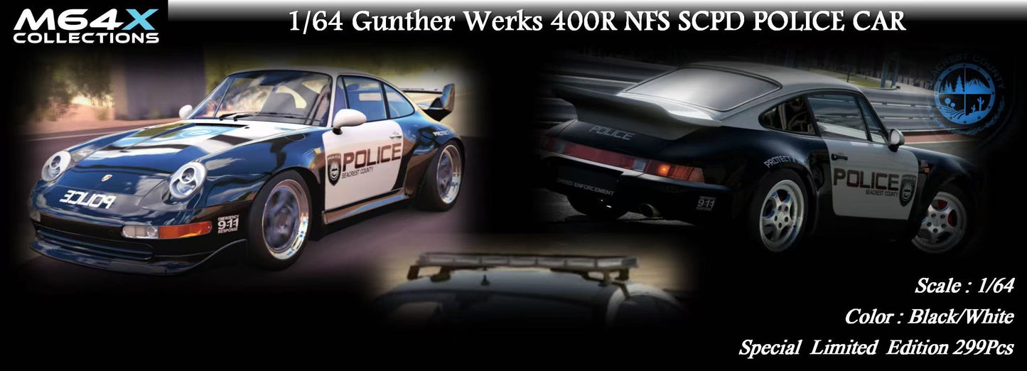 [Premium Resin Model] MY64 MY64X 1:64 Porsche Gunther Werks 993 (GW993) 400R NFS SCPD Police Limited to 299 Pieces (Rear Red and Blue LED Light) + Car Number + Individual Roof Light)