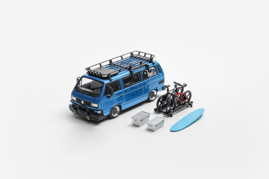 Mortal 1:64 Volkswagen Type 2 T3 Camper Van Kombi Custom Carrera Bus B32 Low Ride BBS Wheel Set Transparent Blue (With Roof Cage Bicycles Accessories + Surfing Board + Storage Boxes) Limited 799 Pieces (Copy)