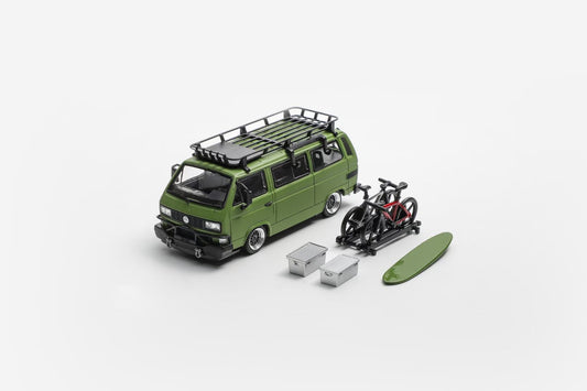 Mortal 1:64 Volkswagen Type 2 T3 Camper Van Kombi Custom Carrera Bus B32 Low Ride BBS Wheel Set Army Green (With Roof Cage Bicycles Accessories + Surfing Board + Storage Boxes) Limited 799 Pieces