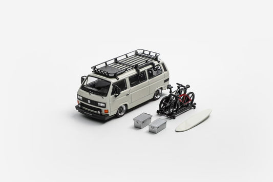 Mortal 1:64 Volkswagen Type 2 T3 Camper Van Kombi Custom Carrera Bus B32 Low Ride BBS Wheel Set Matt White (With Roof Cage Bicycles Accessories + Surfing Board + Storage Boxes) Limited 799 Pieces