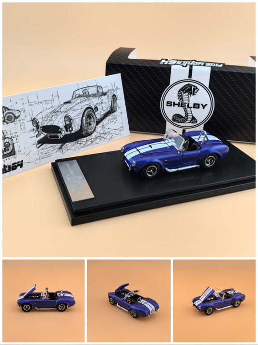 Fine Works 1:64 Ford Shelby Cobra MK3 Cobra 427 Convertible Openable Engine Hood Blue with White Stripes