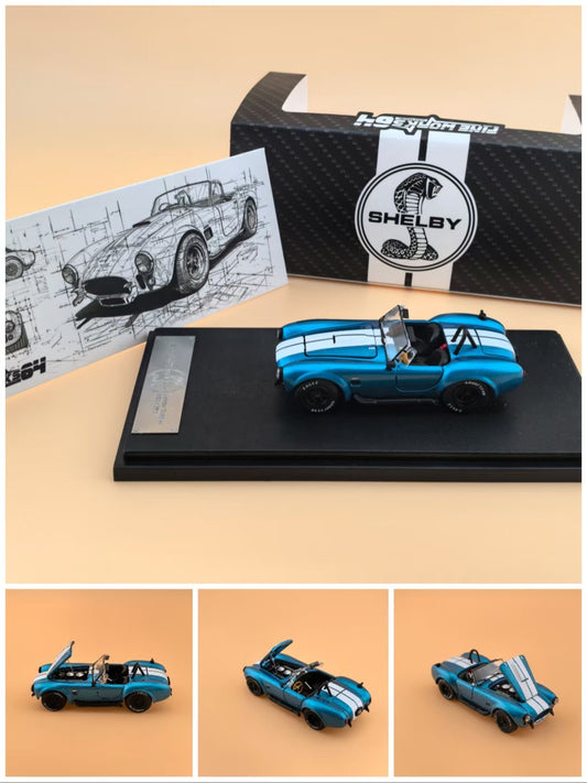 Fine Works 1:64 Ford Shelby Cobra MK3 Cobra 427 Convertible Openable Engine Hood Peacock Blue with White Stripe