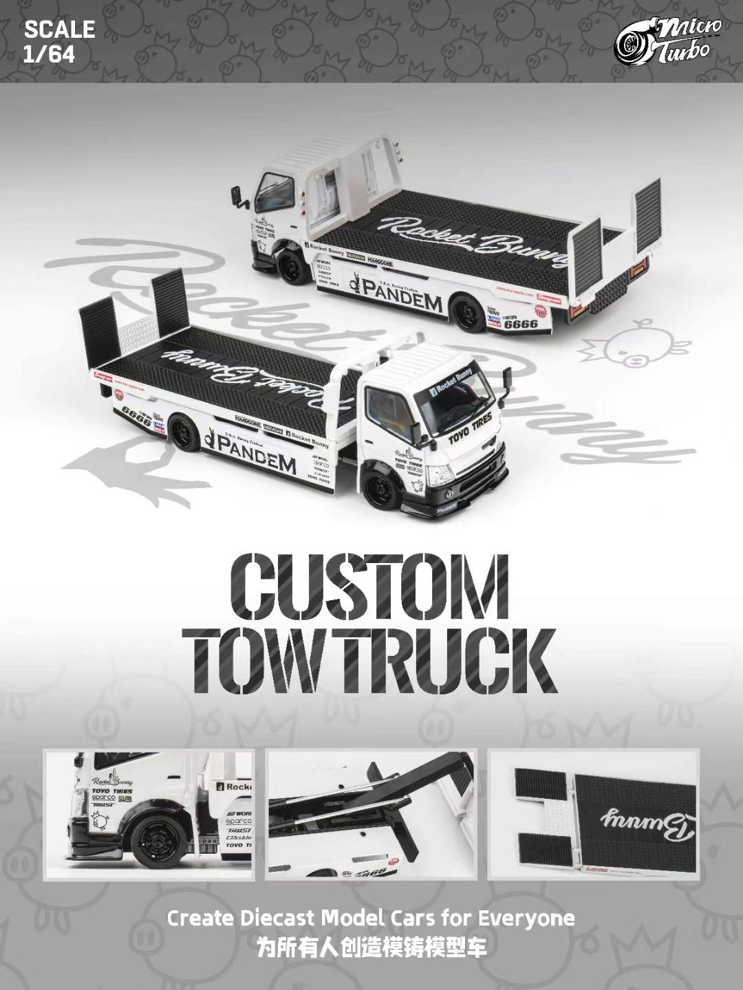 Micro Turbo 1:64 Hino 300 Series MK2 Custom Tow Truck Flatbed Livery PANDEM Rocket Bunny Metallic White
