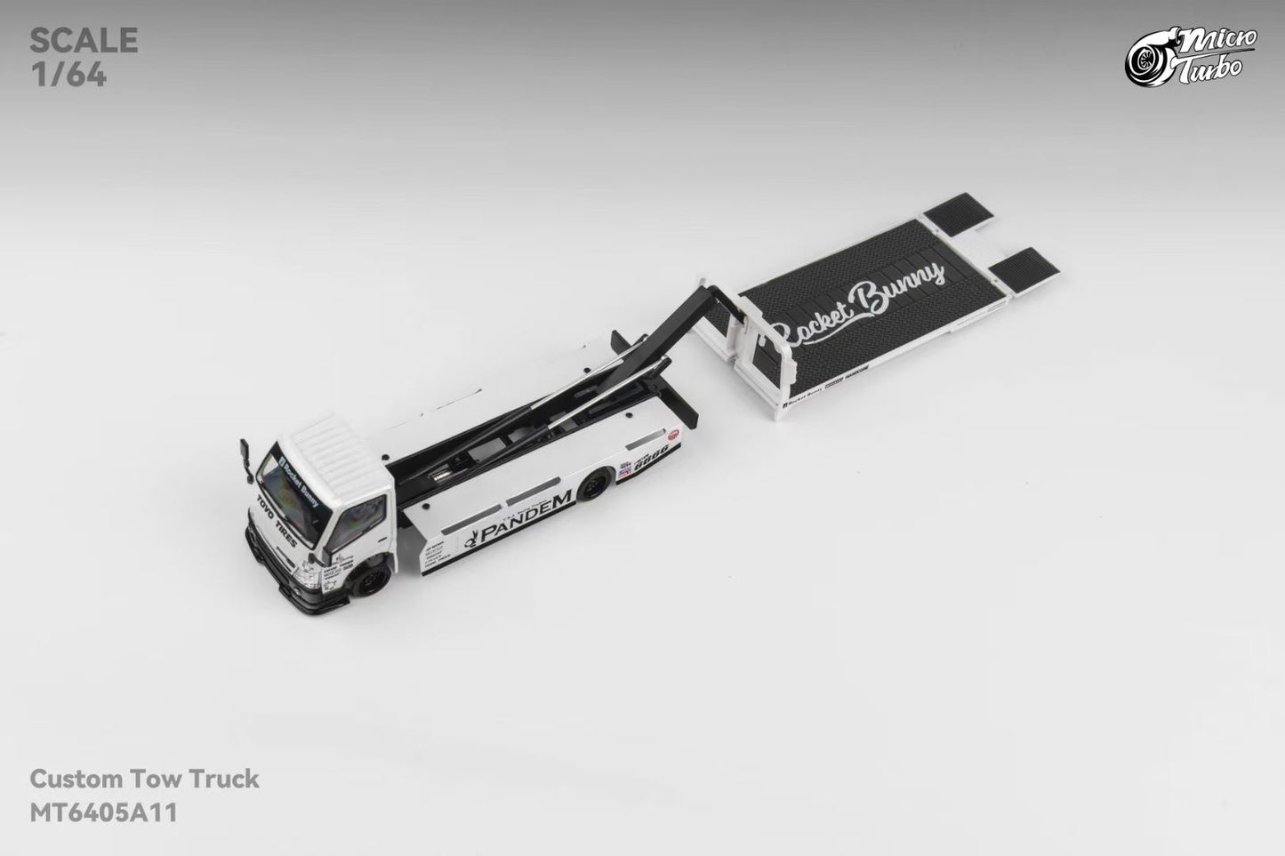 Micro Turbo 1:64 Hino 300 Series MK2 Custom Tow Truck Flatbed Livery PANDEM Rocket Bunny Metallic White