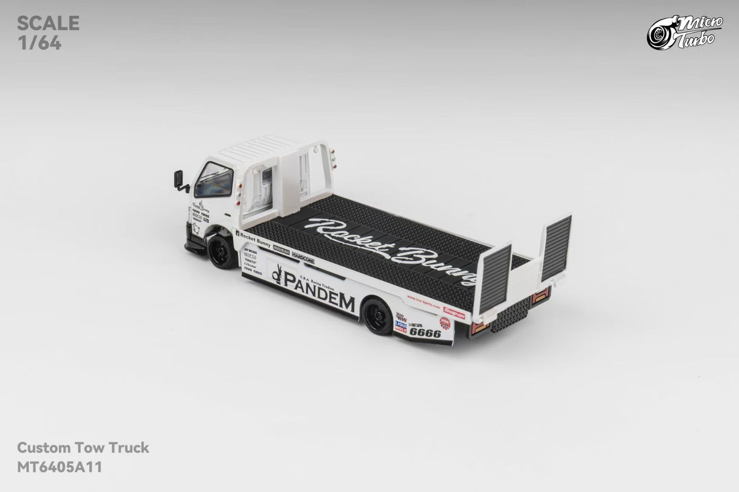 Micro Turbo 1:64 Hino 300 Series MK2 Custom Tow Truck Flatbed Livery PANDEM Rocket Bunny Metallic White