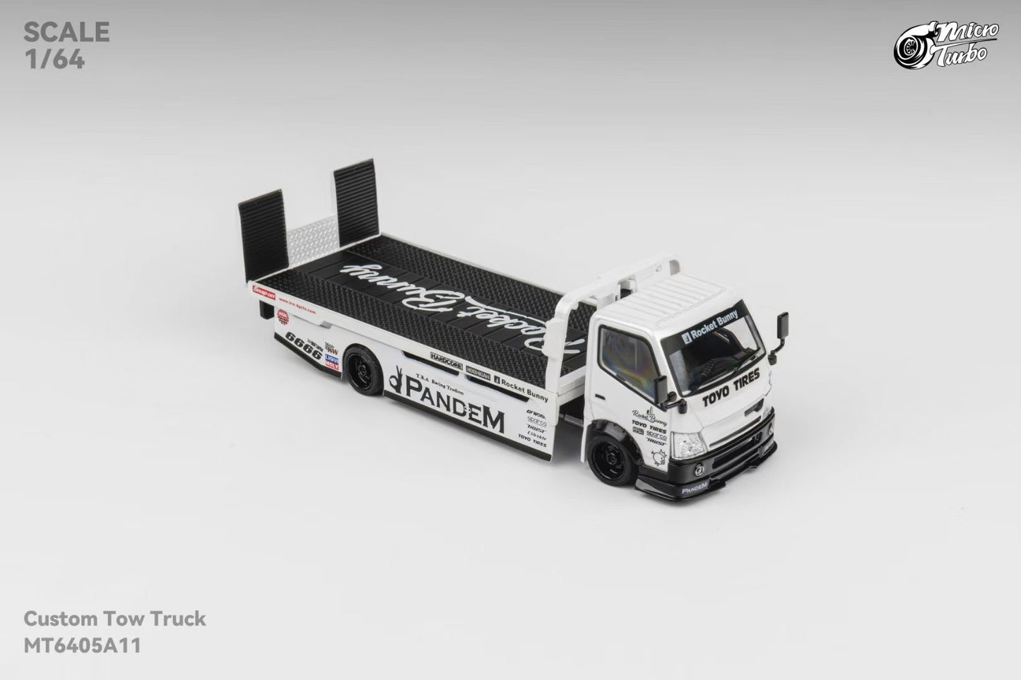 Micro Turbo 1:64 Hino 300 Series MK2 Custom Tow Truck Flatbed Livery PANDEM Rocket Bunny Metallic White