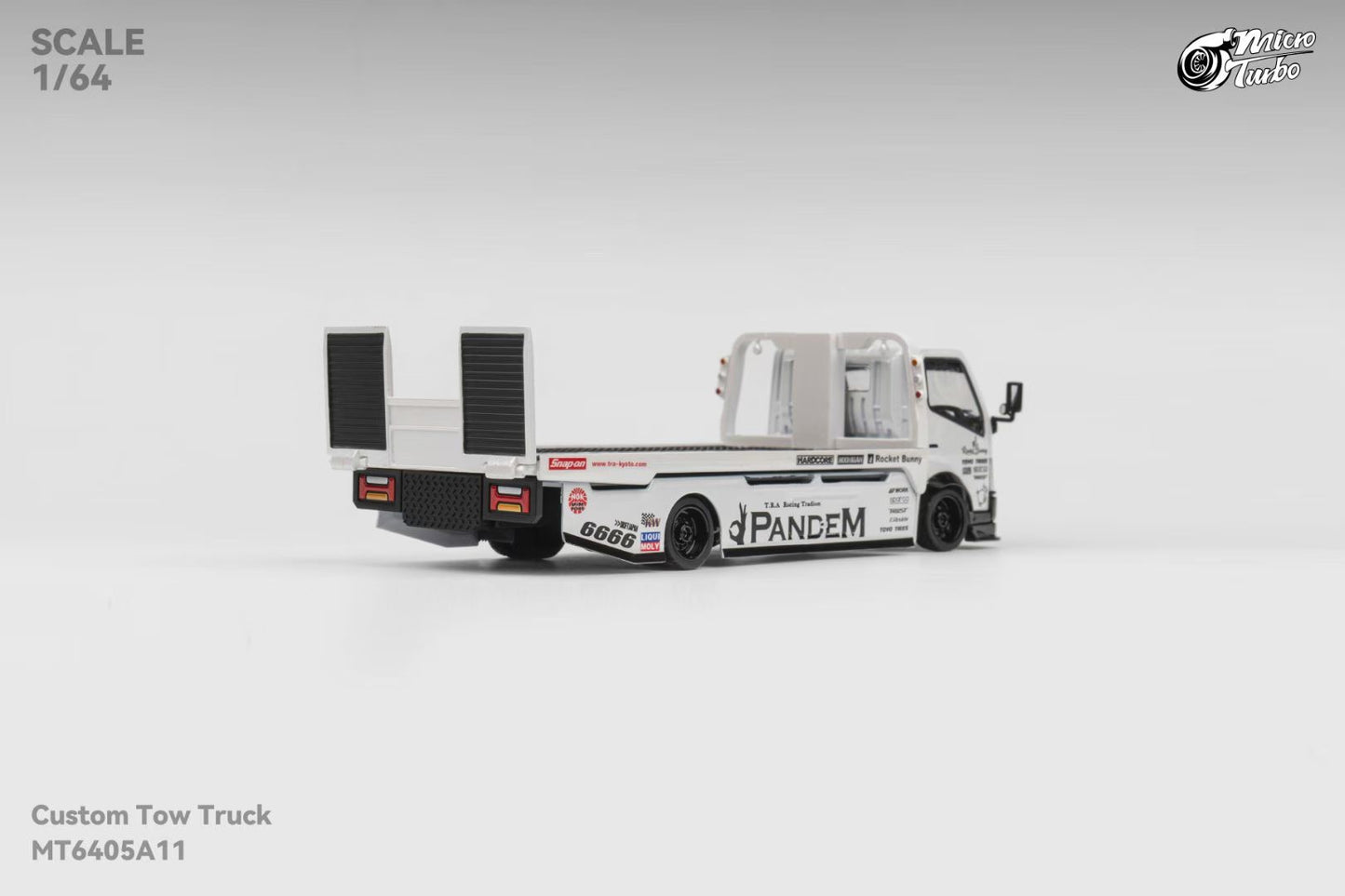 Micro Turbo 1:64 Hino 300 Series MK2 Custom Tow Truck Flatbed Livery PANDEM Rocket Bunny Metallic White