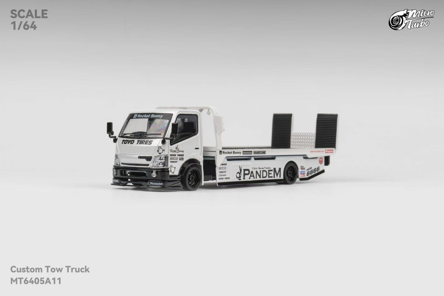Micro Turbo 1:64 Hino 300 Series MK2 Custom Tow Truck Flatbed Livery PANDEM Rocket Bunny Metallic White
