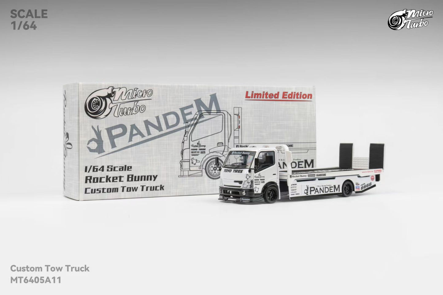Micro Turbo 1:64 Hino 300 Series MK2 Custom Tow Truck Flatbed Livery PANDEM Rocket Bunny Metallic White