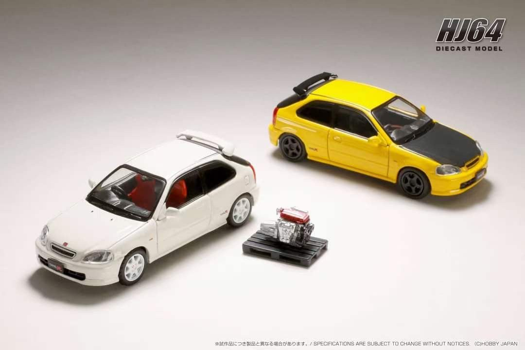 Hobby Japan 1/64 Honda CIVIC TYPE R (E-EK9) 1997 Customized Ver. with Engine Display Model Yellow