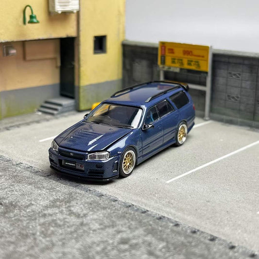 Zoom 1/64 Nissan Stagea Skyline GT-R R34 WC34 260RS Wagon Open Engine Bonnet - Full Carbon Blue