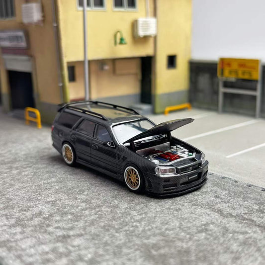 Zoom 1/64 Nissan Stagea Skyline GT-R R34 WC34 260RS Wagon Open Engine Bonnet - Full Carbon Black