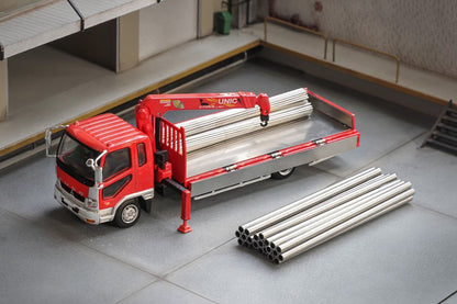GCD 1:64 Mitsubishi Fuso Fighter Boom Lifter Crane Truck Official Licensed Red with 3 Thick and 3 Thin Bunches of Metal Pipes Accessories