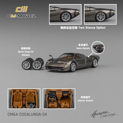 CM Model 1:64 Pagani Huayra Codalunga Metallic Gun Grey Official Licensed with Extra Wheel-Set for Replacement