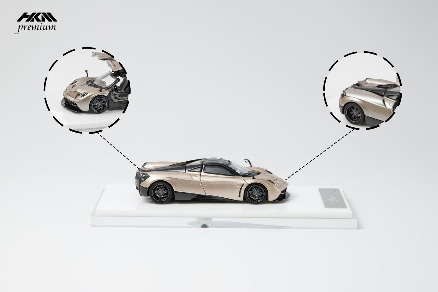 HKM Premium 1:64 Pagani Huayra Coupe 2014 Champagne Gold (Movable Rear Engine Boot, 2 Gull Wing Doors, Front and Rear Spoilers) Limited 999 Pieces