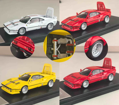 Hone Model 1:64 Ferrari 288 GTO Wide Body Custom Yellow with Racing Strips Openable Rear Engine Hood