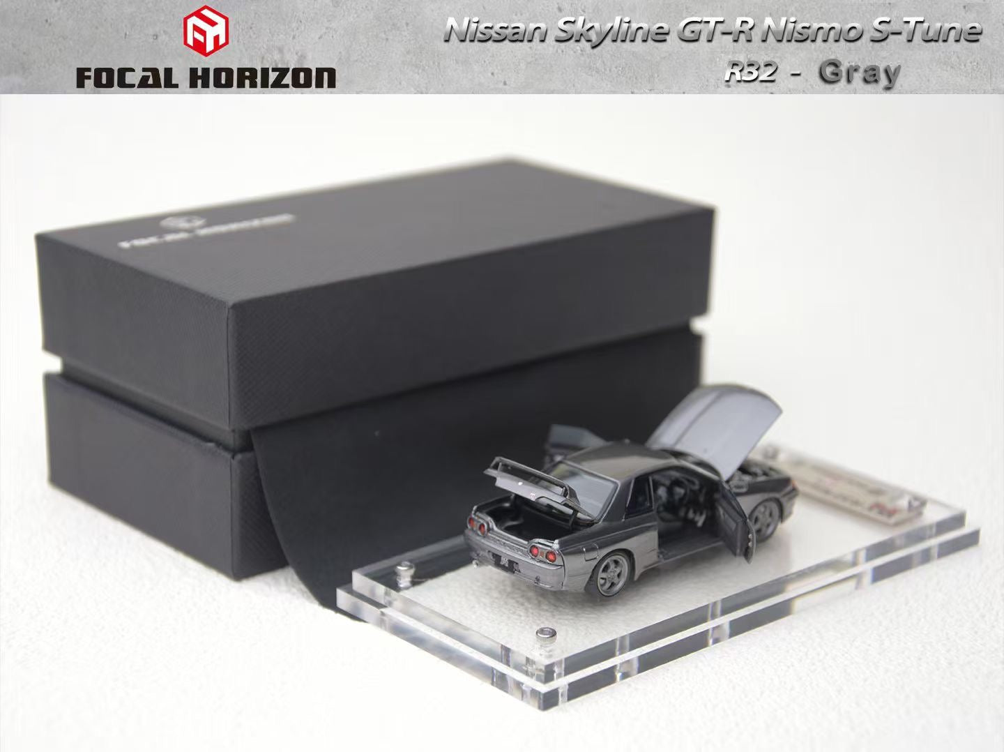 Focal Horizon 1:64 Nissan Skyline GT-R R32 Nismo S-Tune Gun Grey (ALL OPEN Doors and Hoods) Premium Case and Box Packaging