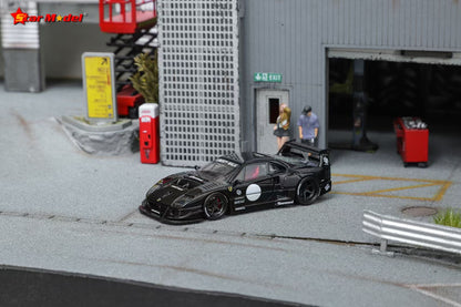 Star Model 1:64 Ferrari F40 Wide Body Custom Black Openable Rear Engine Hood with Detailed Engine (With 2 Red and 2 White Dot Decal Stickers for The Doors)