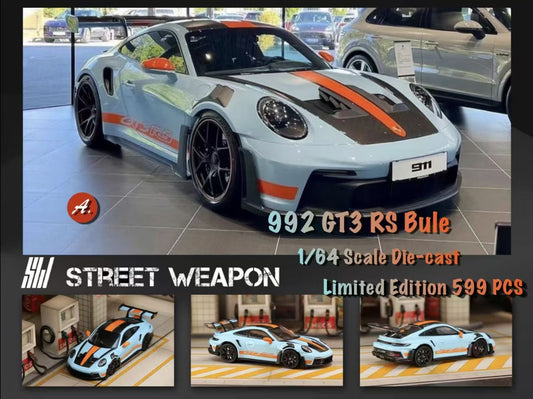 Street Weapon 1/64 Porsche 911 992 GT3 RS  Gulf Blue with Black Wheels Limited 599 Pieces