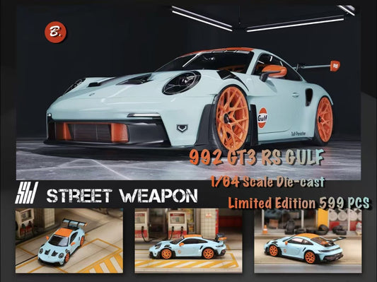 Street Weapon 1/64 Porsche 911 992 GT3 RS  Gulf Blue with Orange Wheels Limited 599 Pieces
