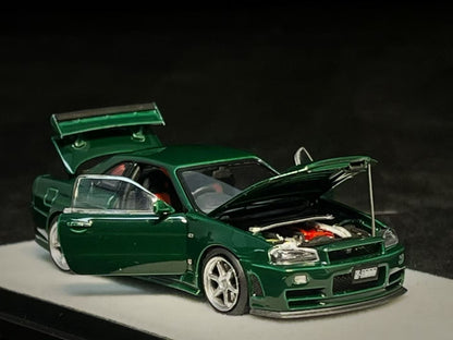 PGM 1:64 Nissan Skyline GT-R R34 Nismo Z-Tune British Green with Separated Display Engine Nissan Official Licensed (Normal Rectangle Box Edition)