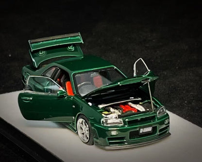 PGM 1:64 Nissan Skyline GT-R R34 Nismo Z-Tune British Green with Separated Display Engine Nissan Official Licensed (Normal Rectangle Box Edition)