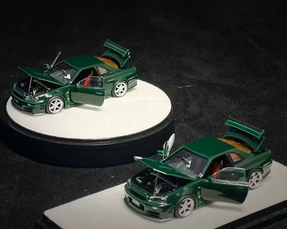 PGM 1:64 Nissan Skyline GT-R R34 Nismo Z-Tune British Green with Separated Display Engine Nissan Official Licensed (Normal Rectangle Box Edition)
