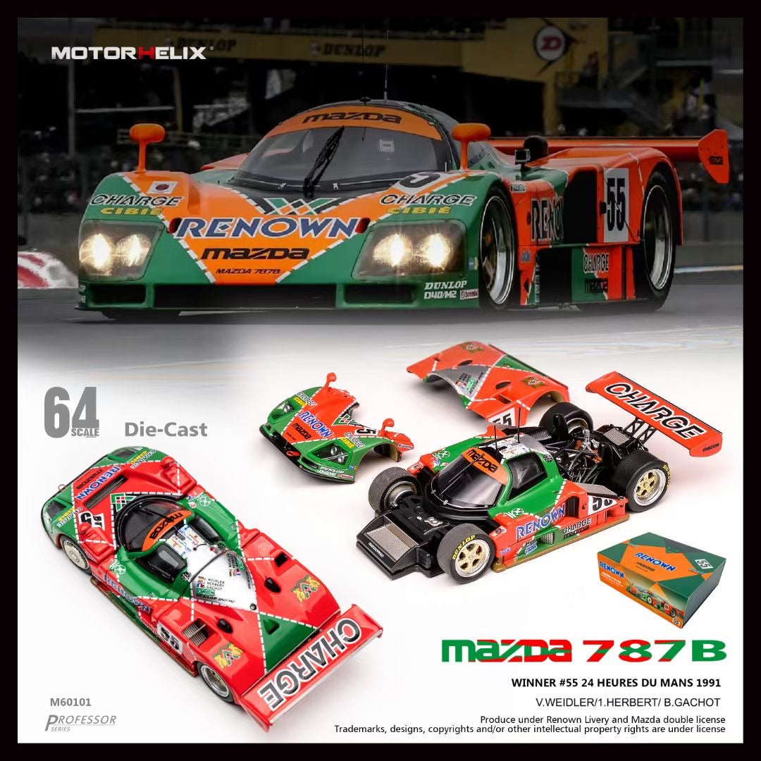 Motorhelix 1:64 Mazda 787B Winner #55 24 Hours Le Mans 1991 Renown Removable Magnetic Parts Detailed Engine (Mazda & Renown Double Official Licensed)
