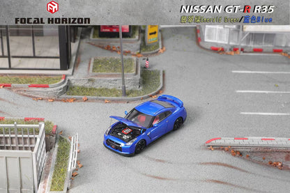 Focal Horizon 1:64 Nissan Skyline GT-R R35 Openable Front Hood Detailed Engine Blue