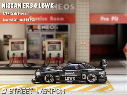 Street Weapon 1/64 Nissan Skyline GT-R R34 ER34 LBWK Super Silhouette Full Black #8 Edition Openable Engine Hood Limited 500 Pieces