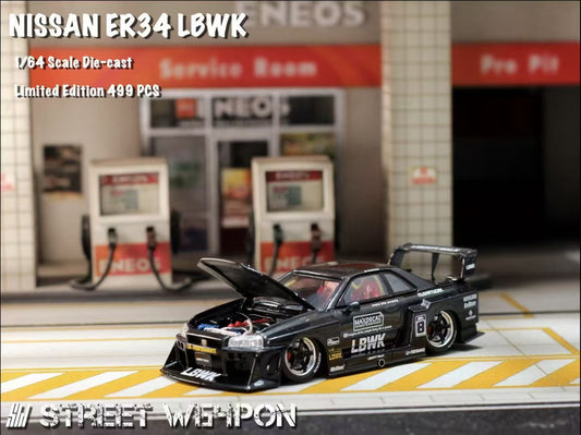 Street Weapon 1/64 Nissan Skyline GT-R R34 ER34 LBWK Super Silhouette Full Black #8 Edition Openable Engine Hood Limited 500 Pieces