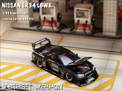 Street Weapon 1/64 Nissan Skyline GT-R R34 ER34 LBWK Super Silhouette Full Black #8 Edition Openable Engine Hood Limited 500 Pieces