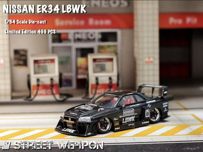 Street Weapon 1/64 Nissan Skyline GT-R R34 ER34 LBWK Super Silhouette Full Black #8 Edition Openable Engine Hood Limited 500 Pieces
