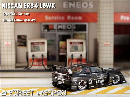 Street Weapon 1/64 Nissan Skyline GT-R R34 ER34 LBWK Super Silhouette Full Black #8 Edition Openable Engine Hood Limited 500 Pieces