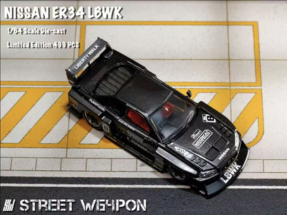 Street Weapon 1/64 Nissan Skyline GT-R R34 ER34 LBWK Super Silhouette Full Black #8 Edition Openable Engine Hood Limited 500 Pieces