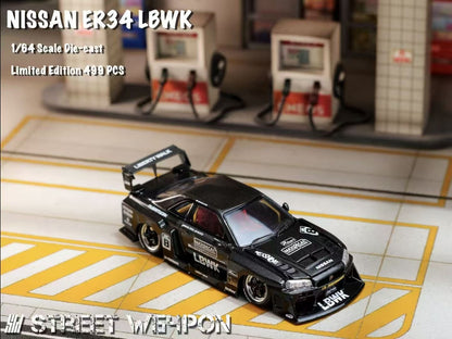 Street Weapon 1/64 Nissan Skyline GT-R R34 ER34 LBWK Super Silhouette Full Black #8 Edition Openable Engine Hood Limited 500 Pieces