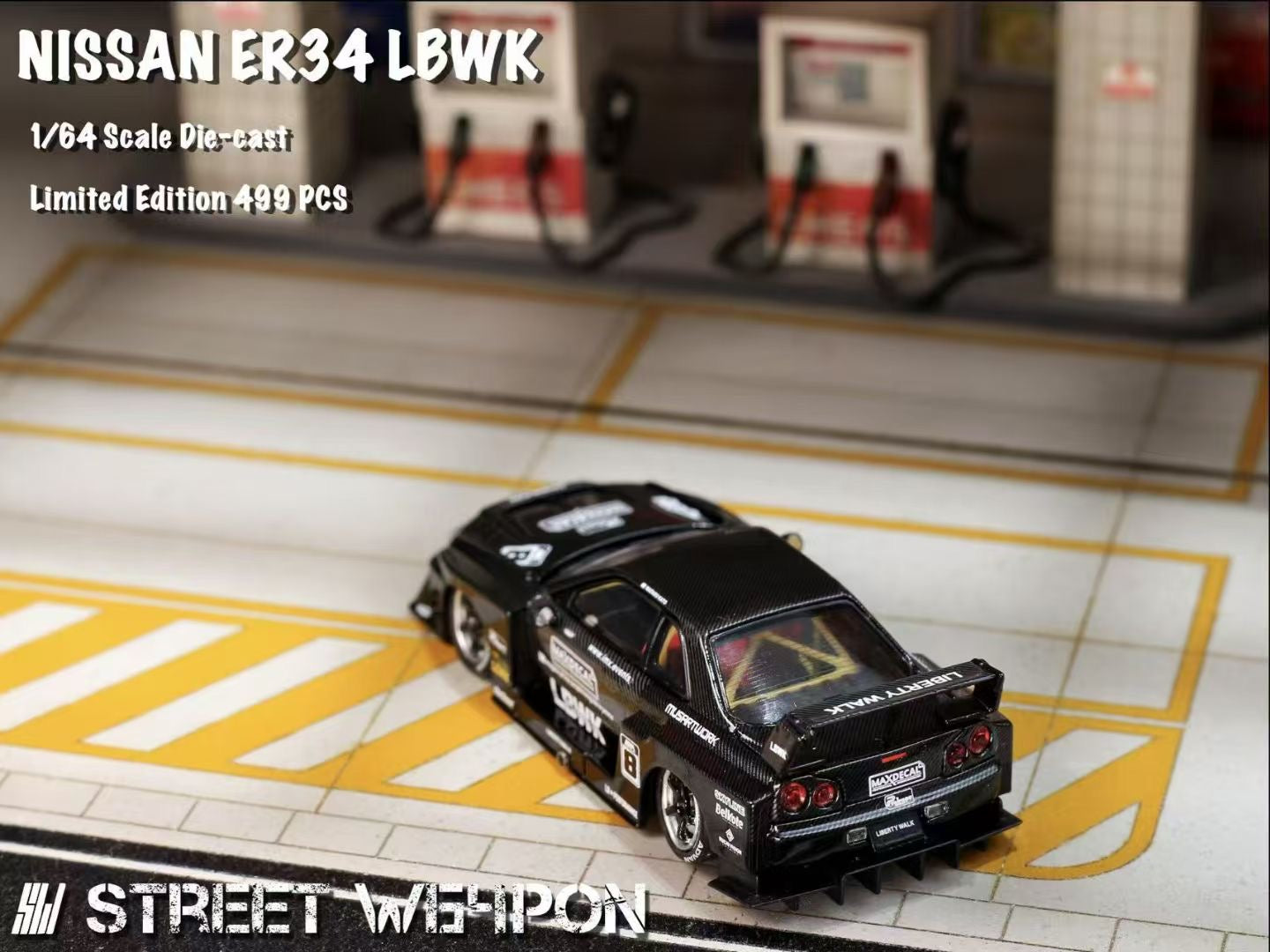 Street Weapon 1/64 Nissan Skyline GT-R R34 ER34 LBWK Super Silhouette Full Black #8 Edition Openable Engine Hood Limited 500 Pieces