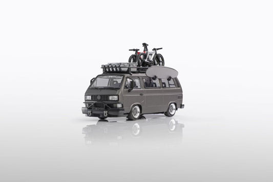 Mortal 1:64 Volkswagen Type 2 T3 Camper Van Kombi Custom Carrera Bus B32 Low Ride BBS Wheel Set Matt Grey (With Roof Cage Bicycles Accessories + Surfing Board + Storage Boxes) China Beijing HEC Expo 2025 Special Edition