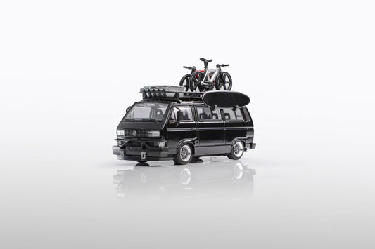 Mortal 1:64 Volkswagen Type 2 T3 Camper Van Kombi Custom Carrera Bus B32 Low Ride BBS Wheel Set Black (With Roof Cage Bicycles Accessories + Surfing Board + Storage Boxes) China Beijing HEC Expo 2025 Special Edition