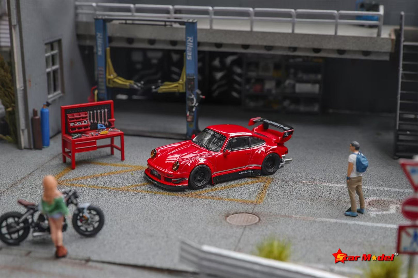 Star Model 1:64 Porsche RWB 930 GT Wing Spoiler Red with Yellow Lights Limited 999 Pieces