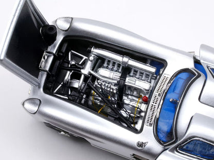 YS Model 1:64 Mercedes Benz SL Class MK1 300 SLR W196S 1955 Uhlenhaut Coupe Silver with Blue Interior (Openable Front Engine Hood and Gull Wing Doors)