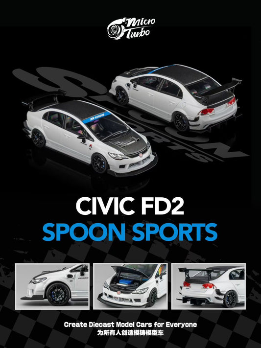 Micro Turbo 1:64 Honda CIVIC FD2 Spoon Sports Metallic White with Black Carbon Hood (Openable Front Hood + Detailed Engine)