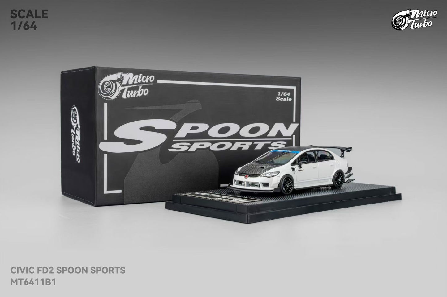 Micro Turbo 1:64 Honda CIVIC FD2 Spoon Sports Metallic White with Black Carbon Hood (Openable Front Hood + Detailed Engine)