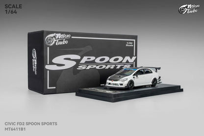 Micro Turbo 1:64 Honda CIVIC FD2 Spoon Sports Metallic White with Black Carbon Hood (Openable Front Hood + Detailed Engine)