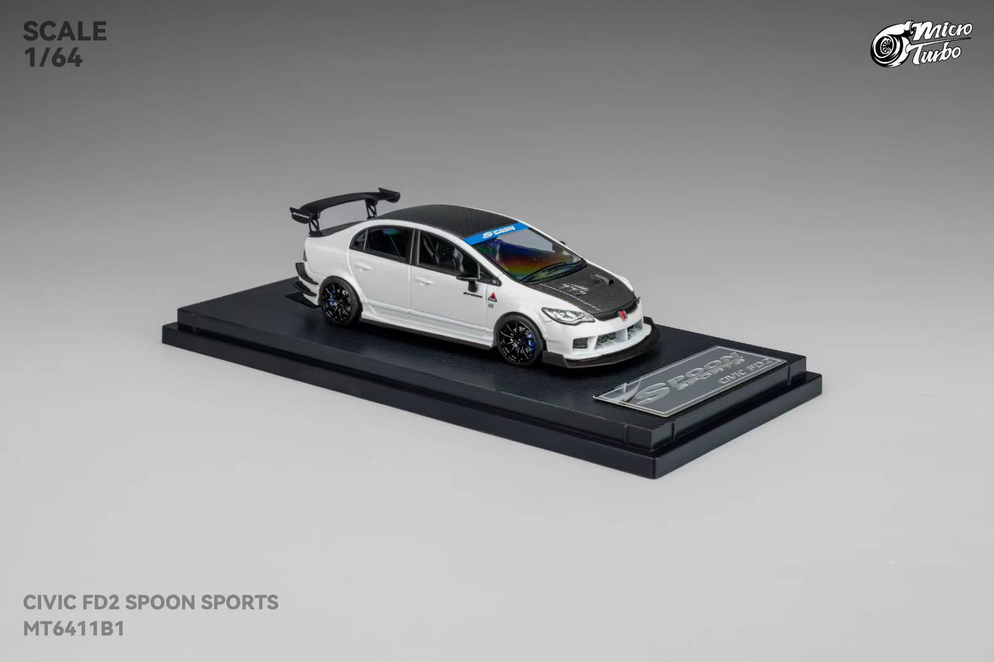 Micro Turbo 1:64 Honda CIVIC FD2 Spoon Sports Metallic White with Black Carbon Hood (Openable Front Hood + Detailed Engine)