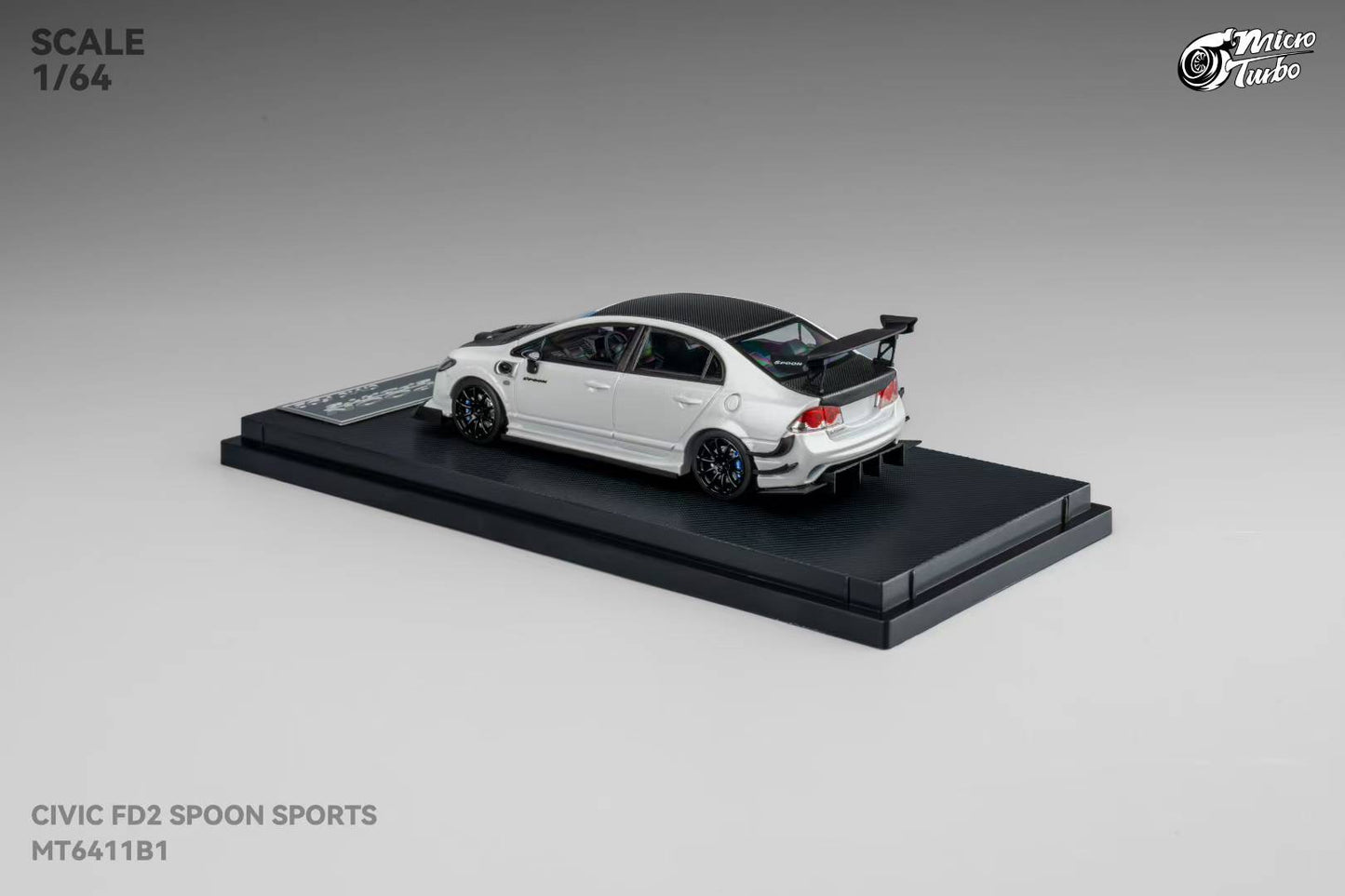 Micro Turbo 1:64 Honda CIVIC FD2 Spoon Sports Metallic White with Black Carbon Hood (Openable Front Hood + Detailed Engine)