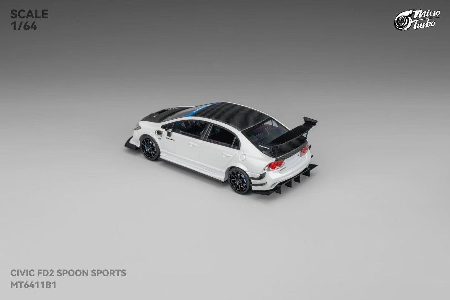 Micro Turbo 1:64 Honda CIVIC FD2 Spoon Sports Metallic White with Black Carbon Hood (Openable Front Hood + Detailed Engine)
