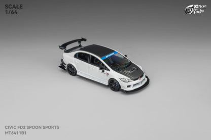 Micro Turbo 1:64 Honda CIVIC FD2 Spoon Sports Metallic White with Black Carbon Hood (Openable Front Hood + Detailed Engine)